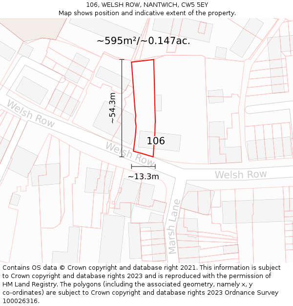 106, WELSH ROW, NANTWICH, CW5 5EY: Plot and title map