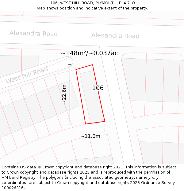 106, WEST HILL ROAD, PLYMOUTH, PL4 7LQ: Plot and title map