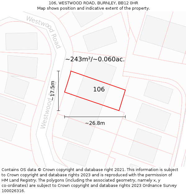 106, WESTWOOD ROAD, BURNLEY, BB12 0HR: Plot and title map
