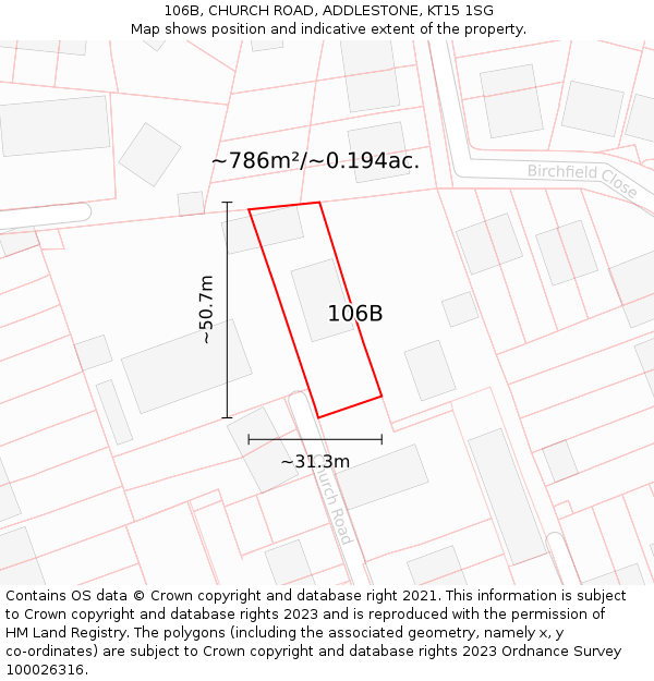 106B, CHURCH ROAD, ADDLESTONE, KT15 1SG: Plot and title map