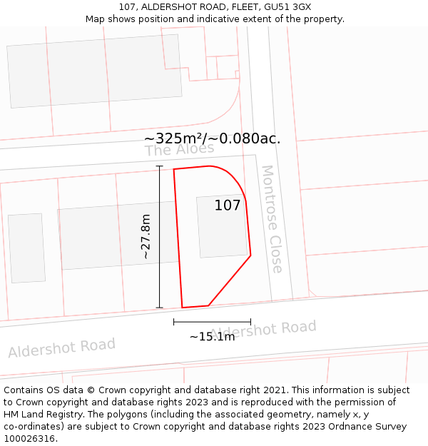 107, ALDERSHOT ROAD, FLEET, GU51 3GX: Plot and title map