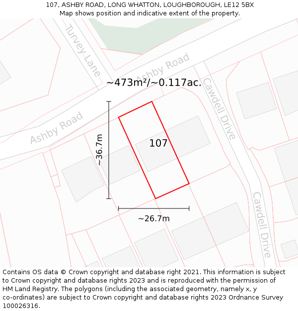 107, ASHBY ROAD, LONG WHATTON, LOUGHBOROUGH, LE12 5BX: Plot and title map