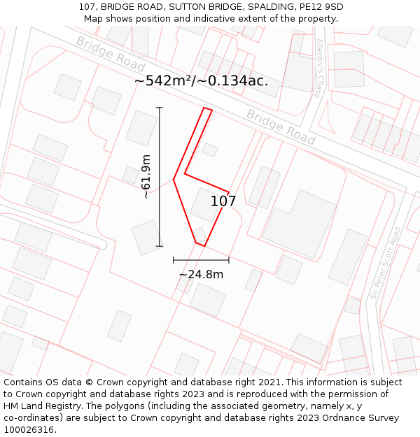 107, BRIDGE ROAD, SUTTON BRIDGE, SPALDING, PE12 9SD: Plot and title map