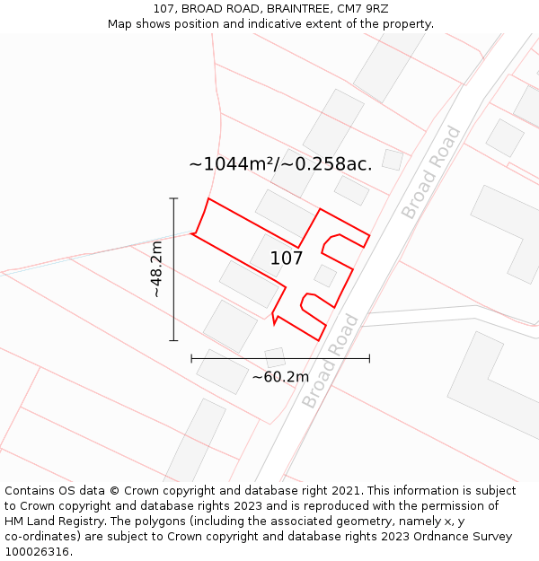 107, BROAD ROAD, BRAINTREE, CM7 9RZ: Plot and title map