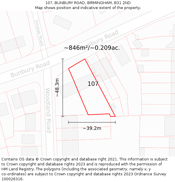 107, BUNBURY ROAD, BIRMINGHAM, B31 2ND: Plot and title map