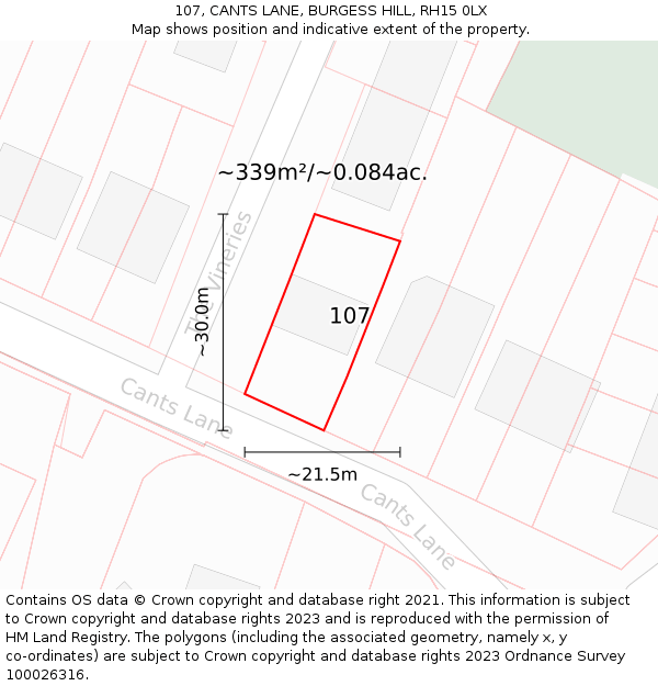 107, CANTS LANE, BURGESS HILL, RH15 0LX: Plot and title map