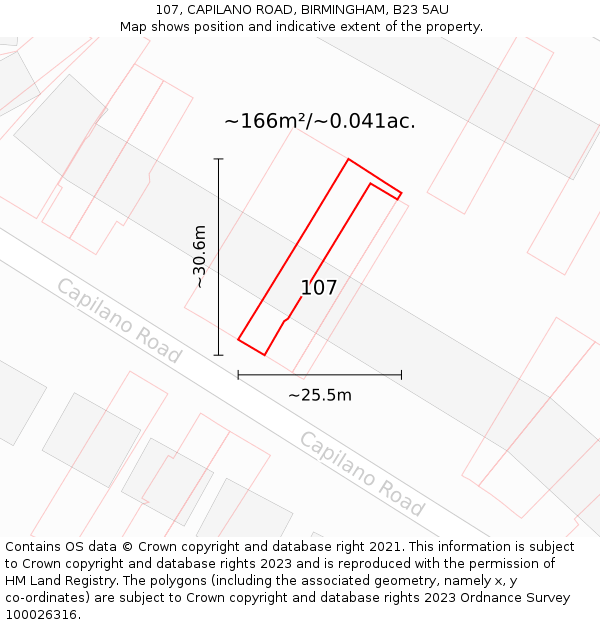 107, CAPILANO ROAD, BIRMINGHAM, B23 5AU: Plot and title map