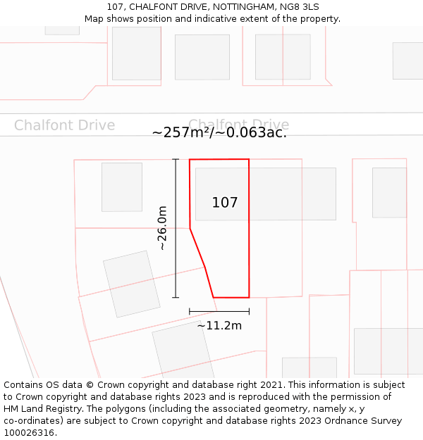 107, CHALFONT DRIVE, NOTTINGHAM, NG8 3LS: Plot and title map