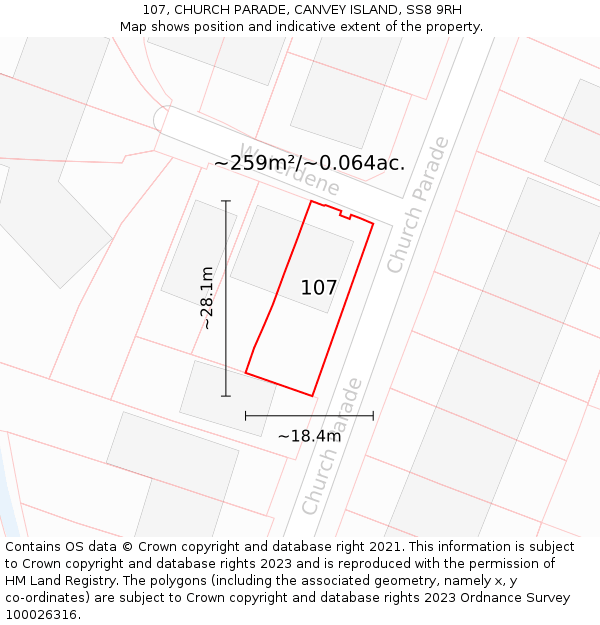 107, CHURCH PARADE, CANVEY ISLAND, SS8 9RH: Plot and title map