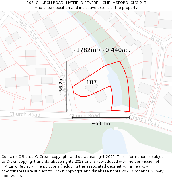 107, CHURCH ROAD, HATFIELD PEVEREL, CHELMSFORD, CM3 2LB: Plot and title map