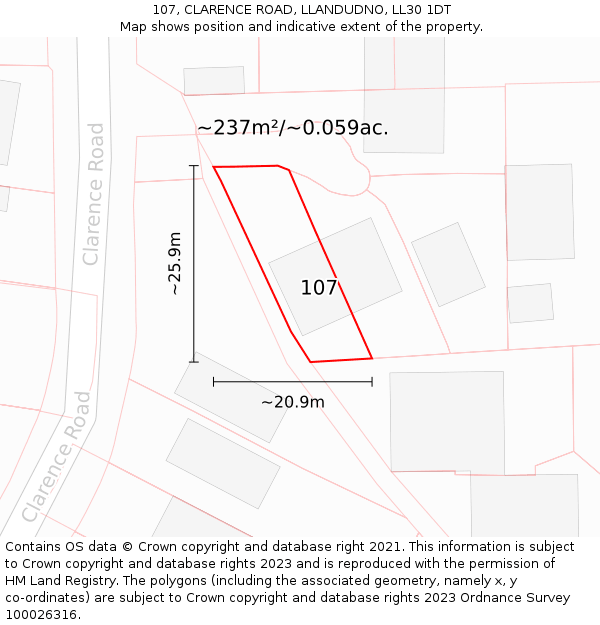 107, CLARENCE ROAD, LLANDUDNO, LL30 1DT: Plot and title map