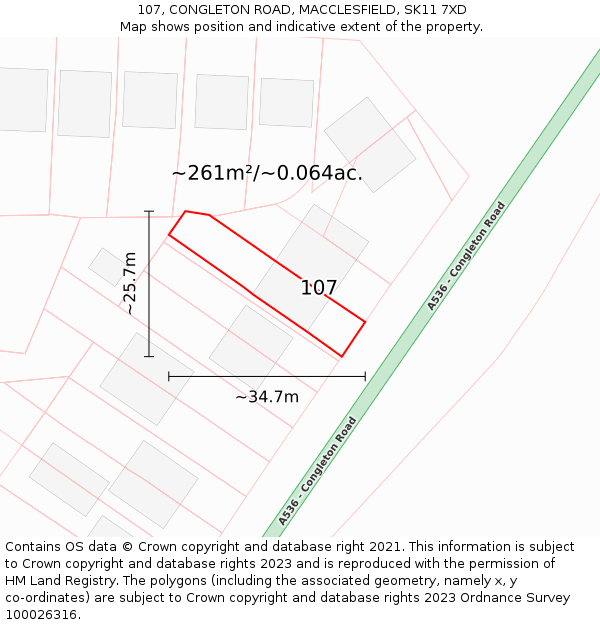 107, CONGLETON ROAD, MACCLESFIELD, SK11 7XD: Plot and title map