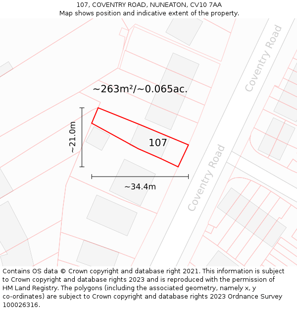 107, COVENTRY ROAD, NUNEATON, CV10 7AA: Plot and title map