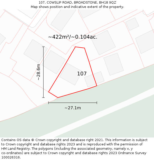 107, COWSLIP ROAD, BROADSTONE, BH18 9QZ: Plot and title map