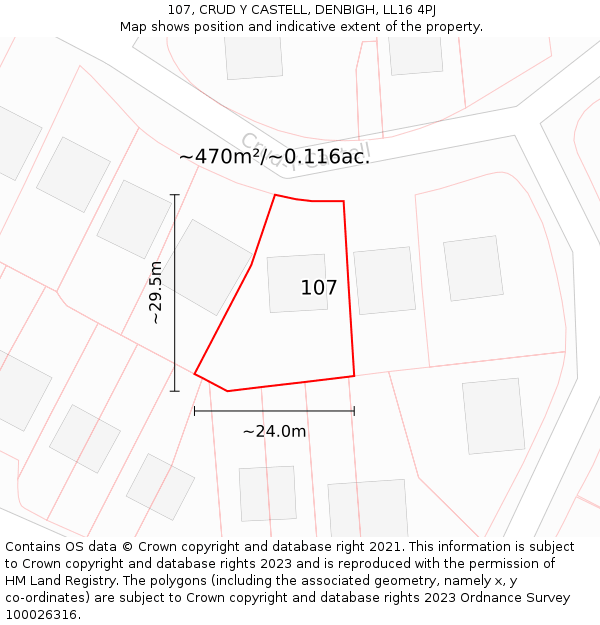 107, CRUD Y CASTELL, DENBIGH, LL16 4PJ: Plot and title map