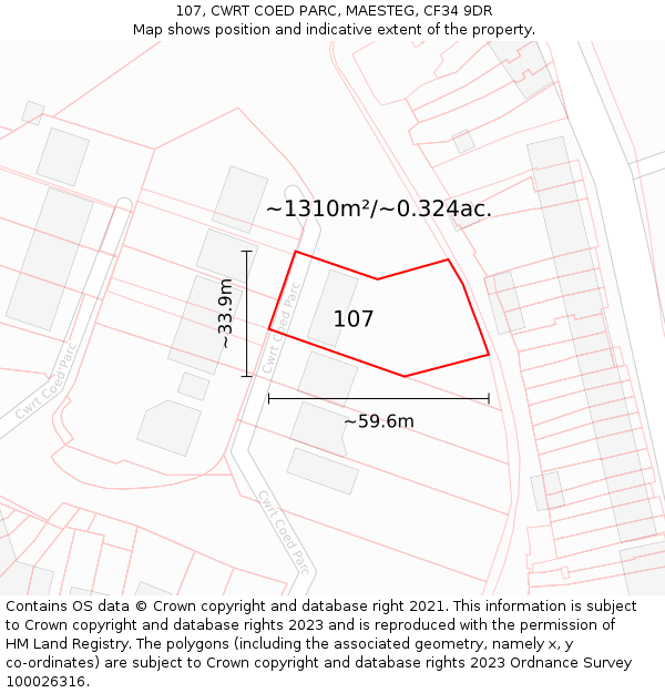 107, CWRT COED PARC, MAESTEG, CF34 9DR: Plot and title map