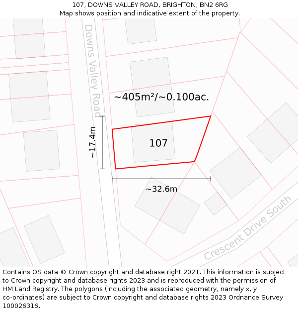 107, DOWNS VALLEY ROAD, BRIGHTON, BN2 6RG: Plot and title map