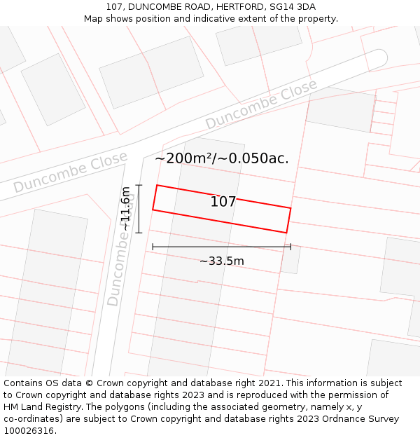 107, DUNCOMBE ROAD, HERTFORD, SG14 3DA: Plot and title map