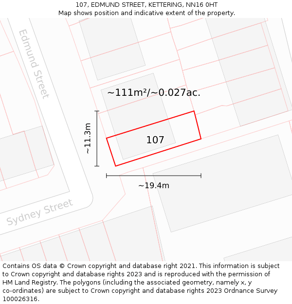 107, EDMUND STREET, KETTERING, NN16 0HT: Plot and title map