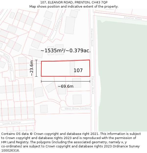 107, ELEANOR ROAD, PRENTON, CH43 7QP: Plot and title map