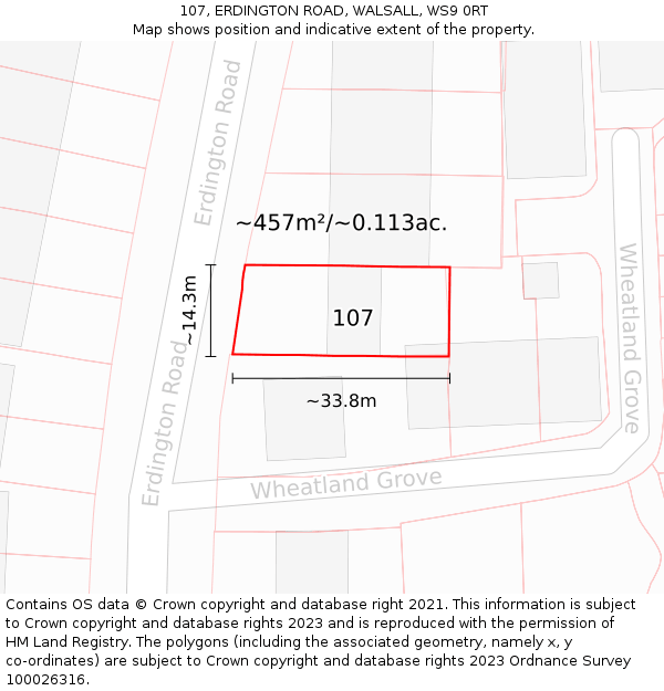 107, ERDINGTON ROAD, WALSALL, WS9 0RT: Plot and title map