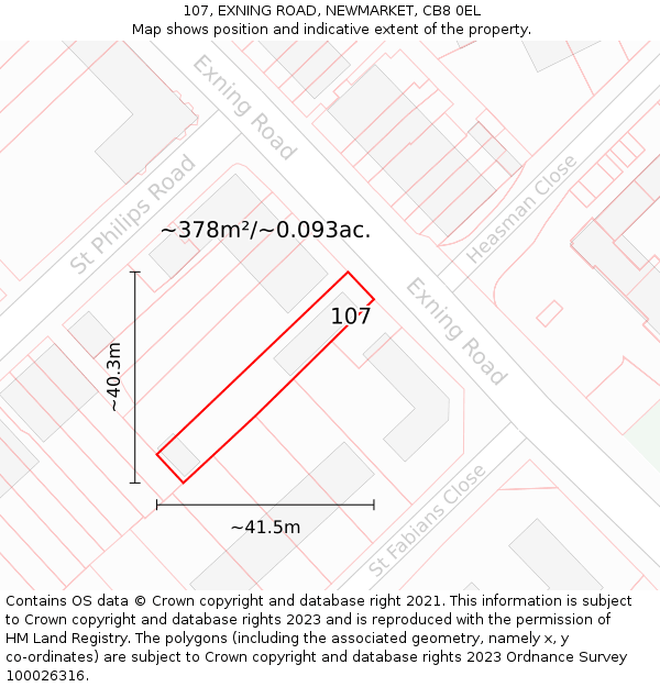 107, EXNING ROAD, NEWMARKET, CB8 0EL: Plot and title map