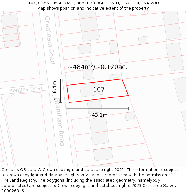 107, GRANTHAM ROAD, BRACEBRIDGE HEATH, LINCOLN, LN4 2QD: Plot and title map