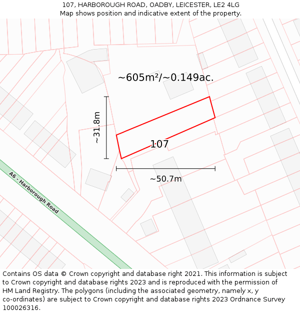 107, HARBOROUGH ROAD, OADBY, LEICESTER, LE2 4LG: Plot and title map