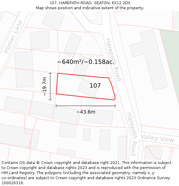 107, HAREPATH ROAD, SEATON, EX12 2DX: Plot and title map