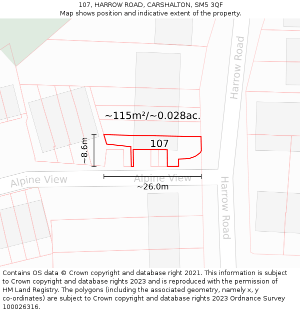 107, HARROW ROAD, CARSHALTON, SM5 3QF: Plot and title map