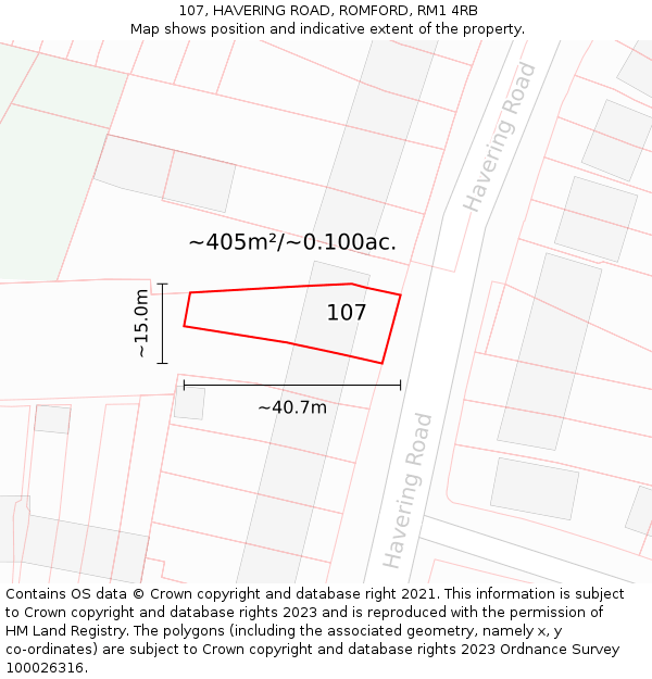 107, HAVERING ROAD, ROMFORD, RM1 4RB: Plot and title map