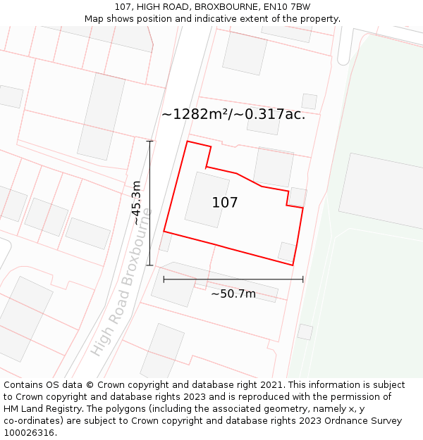 107, HIGH ROAD, BROXBOURNE, EN10 7BW: Plot and title map