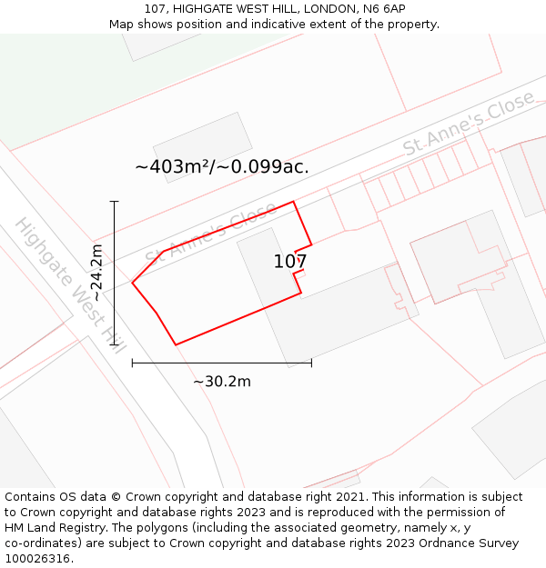 107, HIGHGATE WEST HILL, LONDON, N6 6AP: Plot and title map