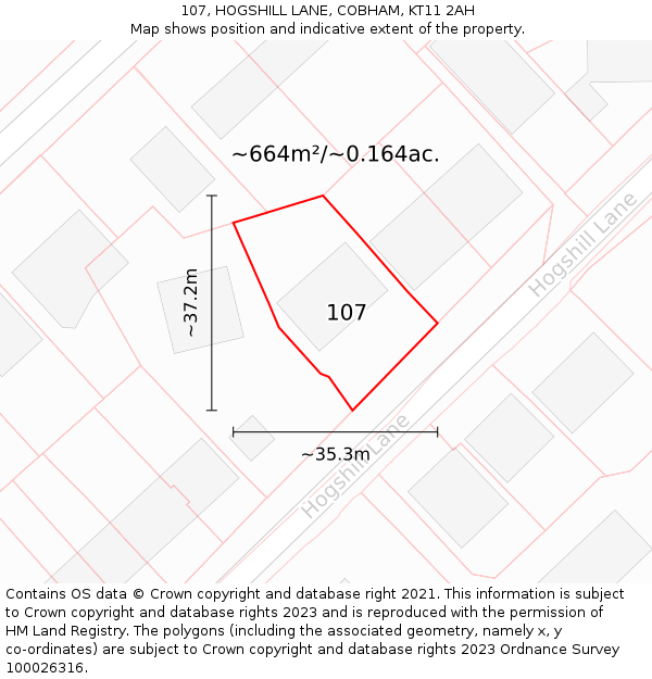 107, HOGSHILL LANE, COBHAM, KT11 2AH: Plot and title map