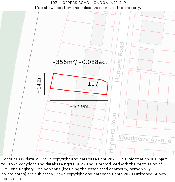 107, HOPPERS ROAD, LONDON, N21 3LP: Plot and title map