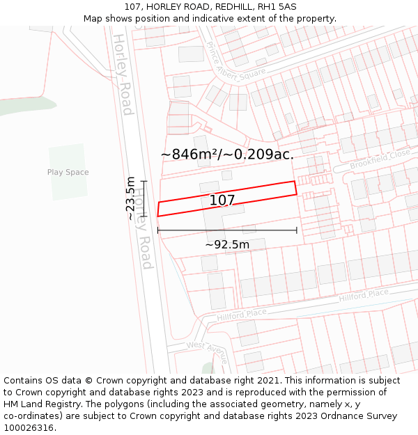 107, HORLEY ROAD, REDHILL, RH1 5AS: Plot and title map