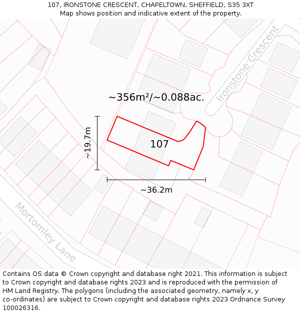 107, IRONSTONE CRESCENT, CHAPELTOWN, SHEFFIELD, S35 3XT: Plot and title map