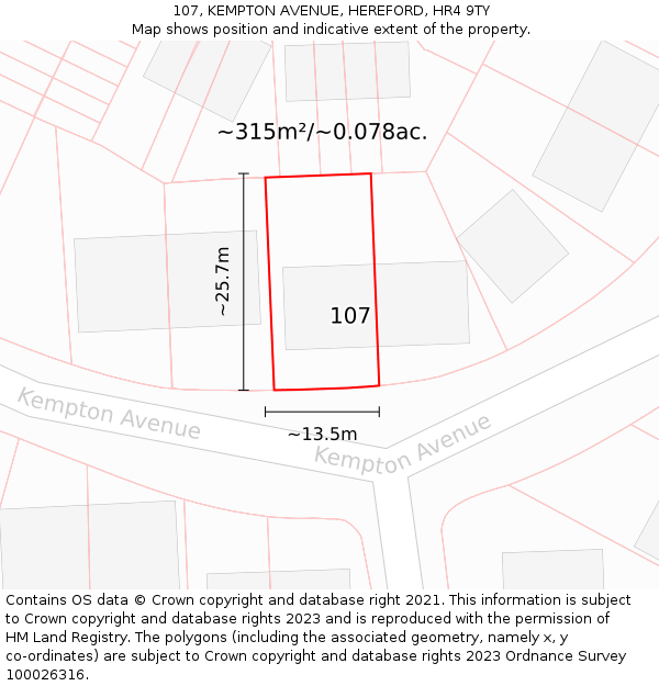 107, KEMPTON AVENUE, HEREFORD, HR4 9TY: Plot and title map