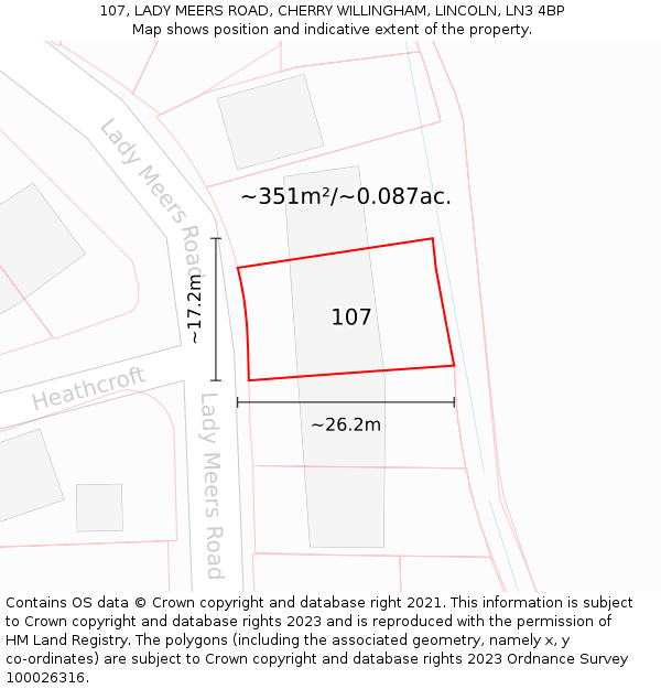 107, LADY MEERS ROAD, CHERRY WILLINGHAM, LINCOLN, LN3 4BP: Plot and title map