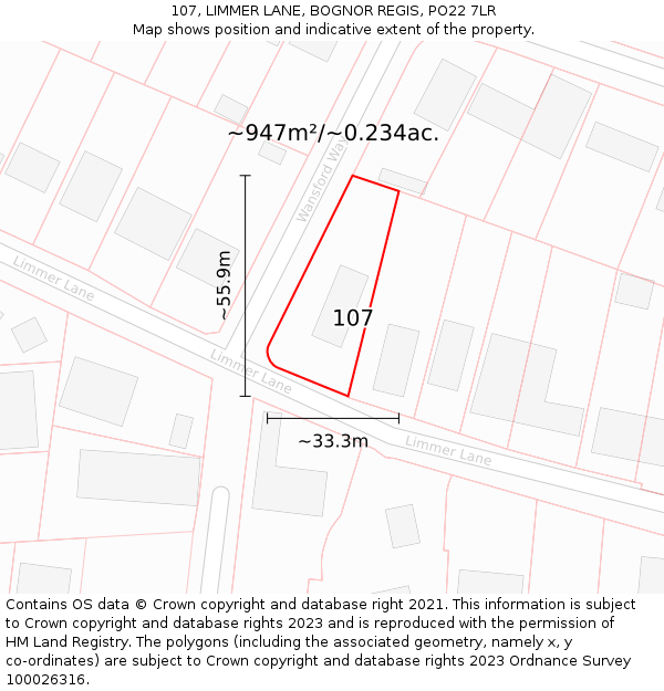 107, LIMMER LANE, BOGNOR REGIS, PO22 7LR: Plot and title map