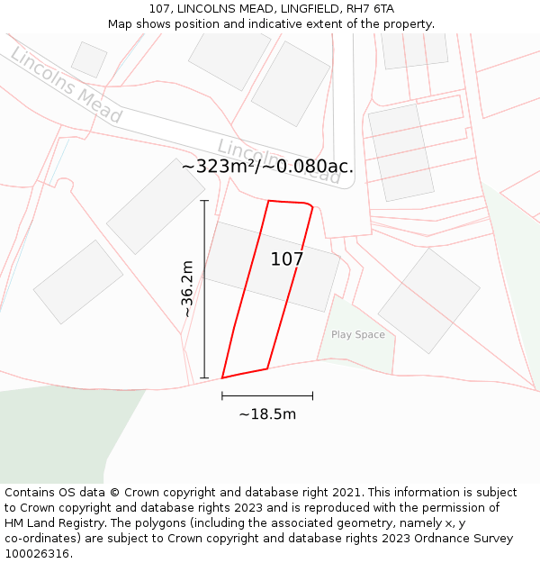 107, LINCOLNS MEAD, LINGFIELD, RH7 6TA: Plot and title map