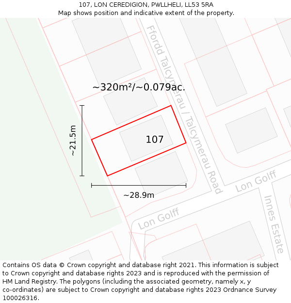 107, LON CEREDIGION, PWLLHELI, LL53 5RA: Plot and title map
