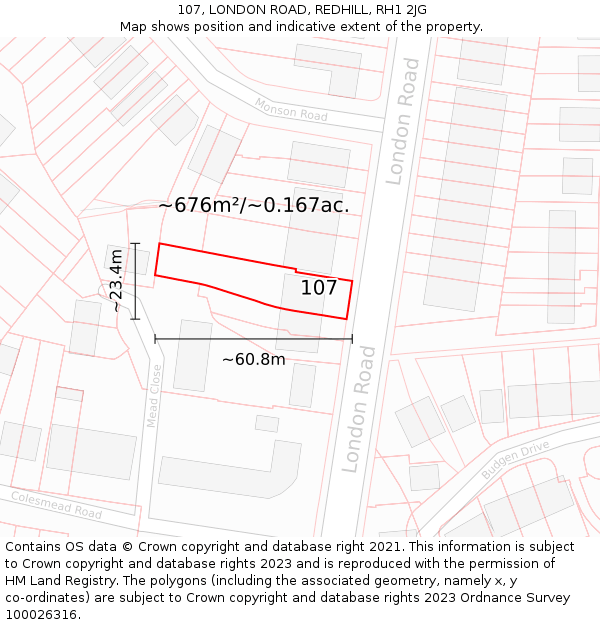 107, LONDON ROAD, REDHILL, RH1 2JG: Plot and title map