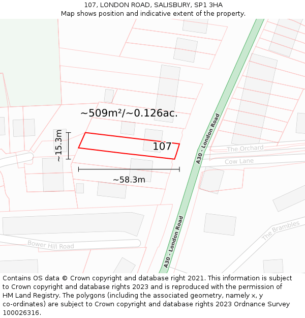 107, LONDON ROAD, SALISBURY, SP1 3HA: Plot and title map