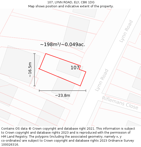 107, LYNN ROAD, ELY, CB6 1DG: Plot and title map