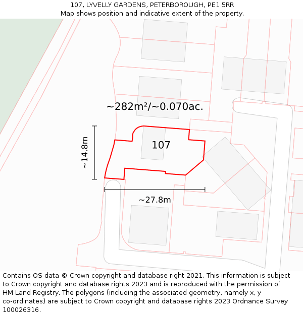 107, LYVELLY GARDENS, PETERBOROUGH, PE1 5RR: Plot and title map