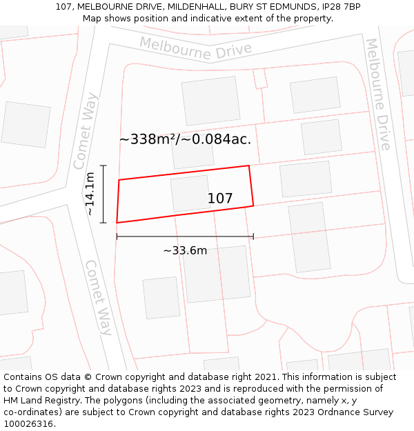 107, MELBOURNE DRIVE, MILDENHALL, BURY ST EDMUNDS, IP28 7BP: Plot and title map