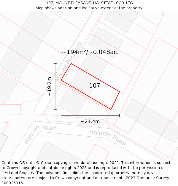 107, MOUNT PLEASANT, HALSTEAD, CO9 1EG: Plot and title map