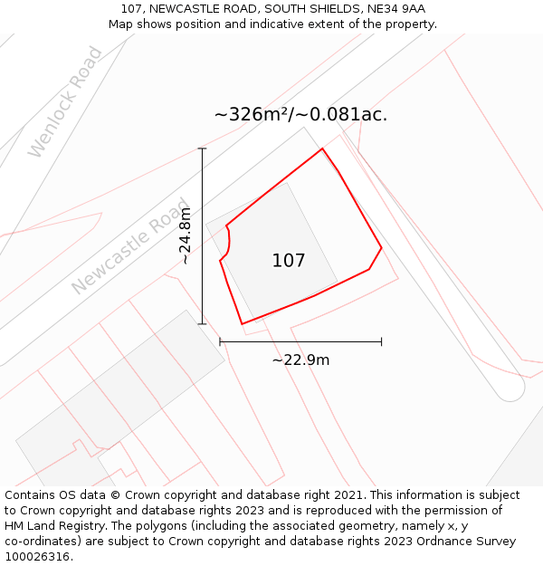 107, NEWCASTLE ROAD, SOUTH SHIELDS, NE34 9AA: Plot and title map