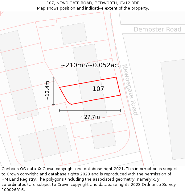 107, NEWDIGATE ROAD, BEDWORTH, CV12 8DE: Plot and title map